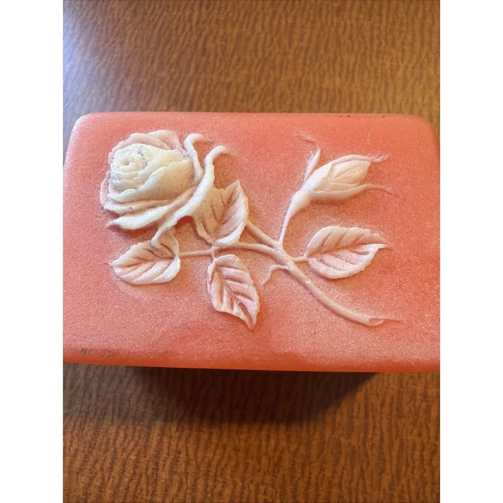 Vintage Mini Covered Trinket Box Alabaster with Cameo Flower -1.5
